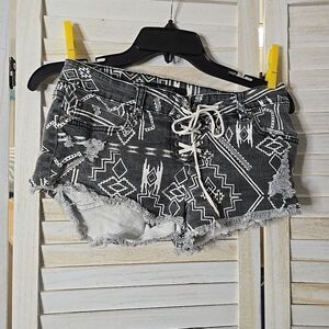 Billabong Womens Denim Booty Shorts Lace Up 27 Gray Casual Aztec Streetwear